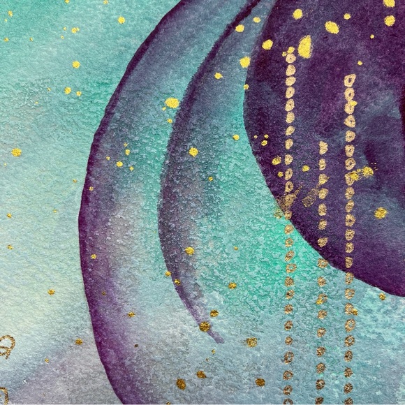 Abstract Original Watercolor Gold Leaf Floral Green & Purple Painting, 9x12 - Picture 6 of 13